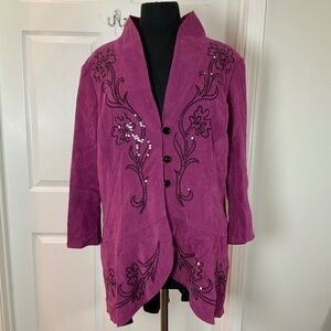 Bob Mackie Wearable Art Purple Suede Sequin Floral Embroidery Jacket Size Large